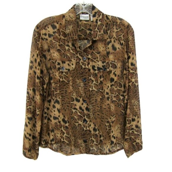 Chicos Silk Leopard Print Button Front Sheer Top Womens Size S 0 Long Sleeve - Picture 1 of 12